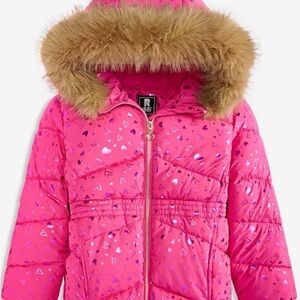 Pink Heart Patterned Puffer Jacket with Faux Fur Trim.